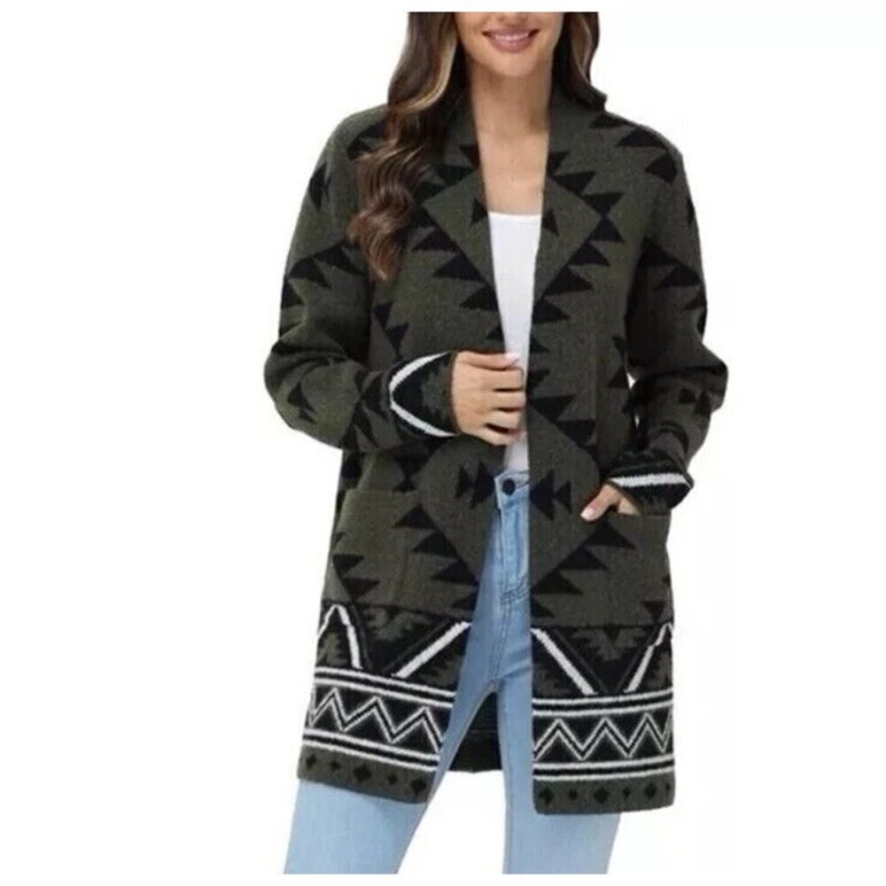 NWOT Frye Women's L Aztec Pattern Cardigan Sweater Polyester Spandex Open front